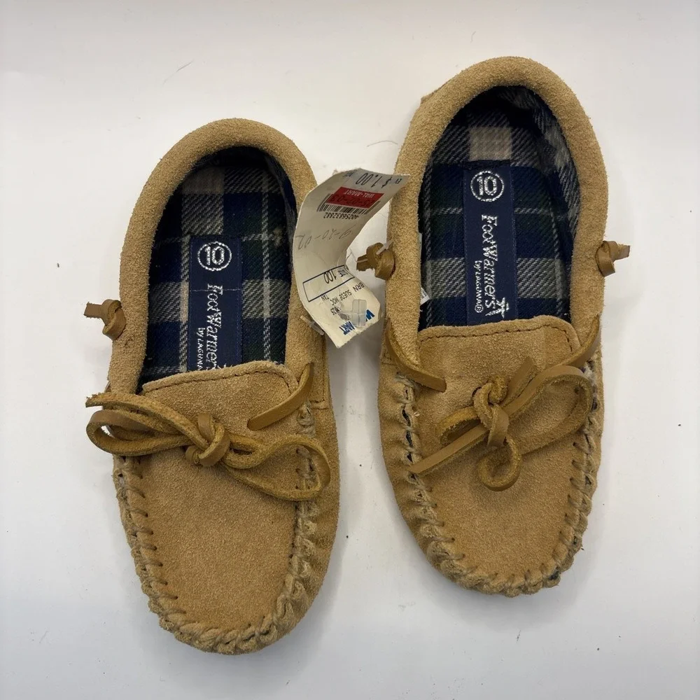 Vtg FootWarmers By Laguna Suede Moccasin Slippers Flannel Lined Sz 10 Toddler